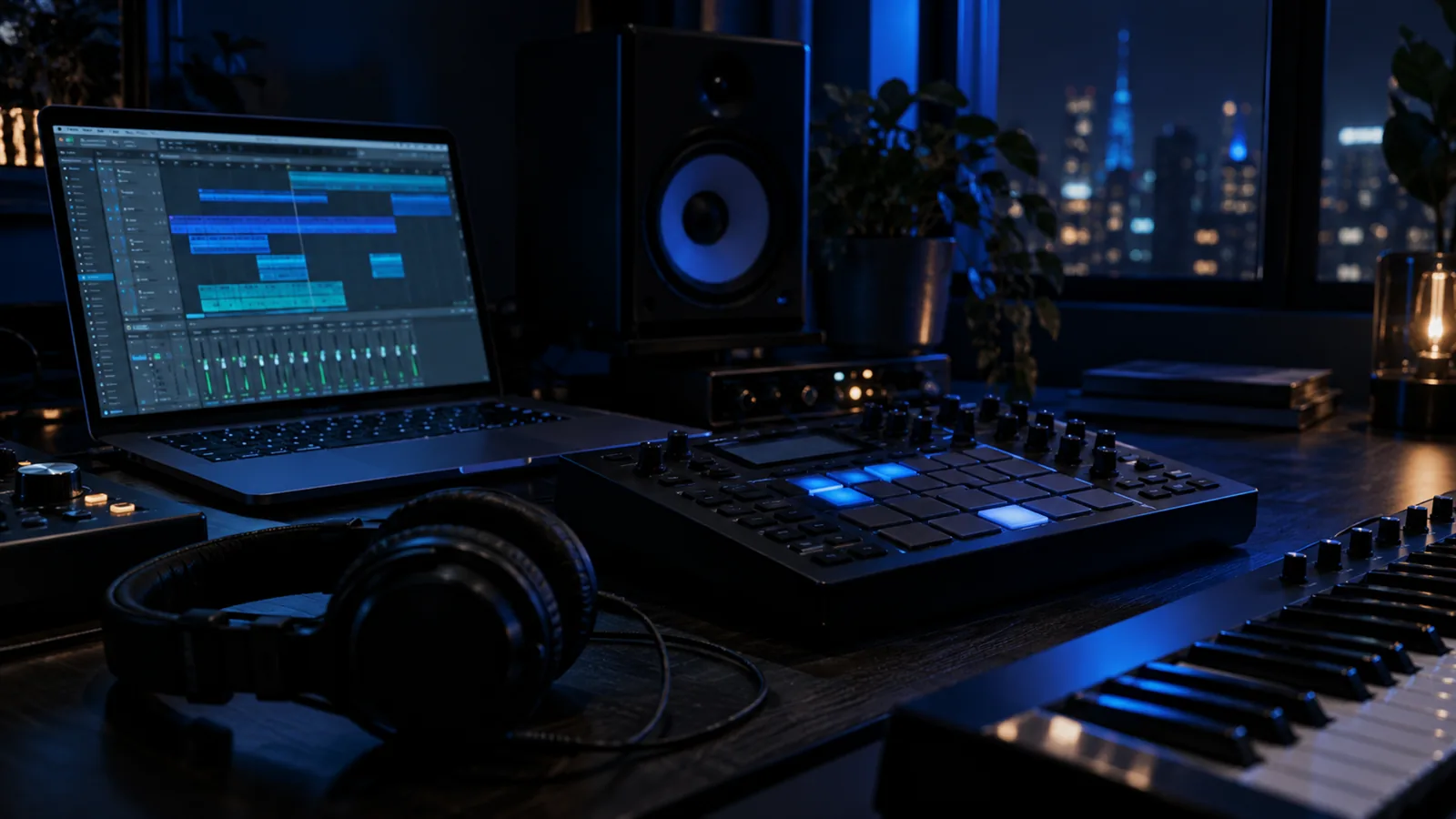 Producer studio desk at night with a laptop, a drum pad controller with lit pads, headphones and a studio monitor