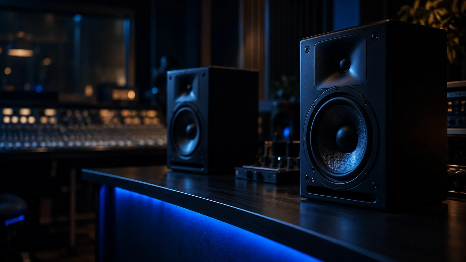 Two studio monitor speakers on a dark desk in a recording studio control room with a blue light strip