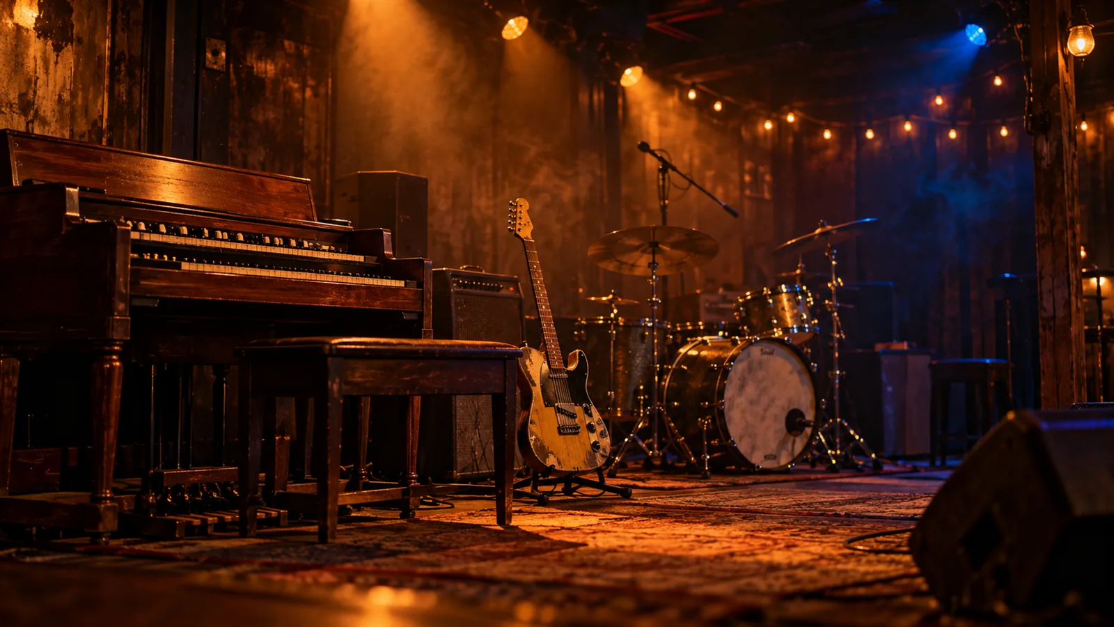 Empty juke-joint stage with an organ, an electric guitar, a drum kit and warm amber stage lights