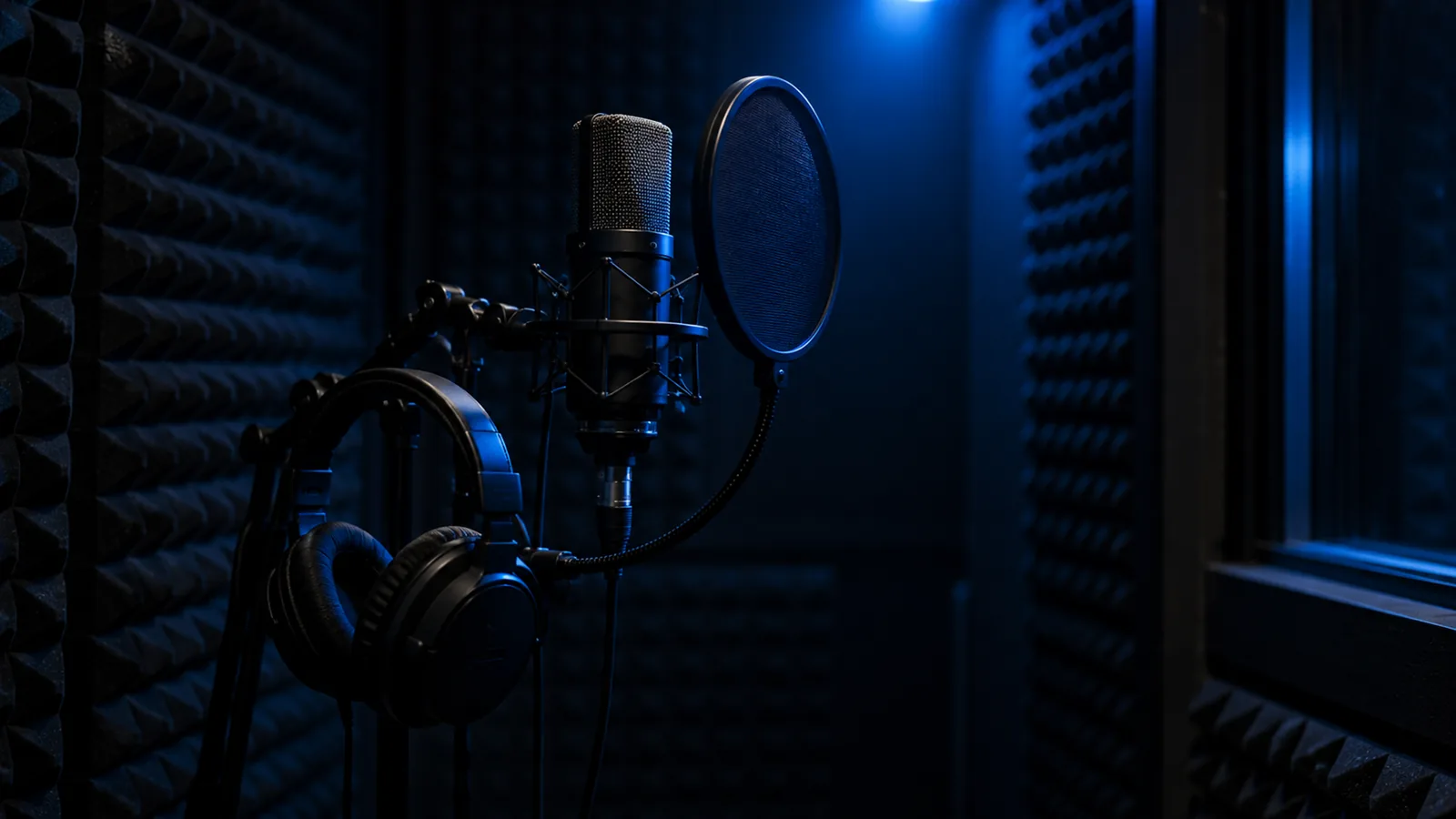 Condenser microphone with a pop filter in a small vocal booth lit by one soft blue light